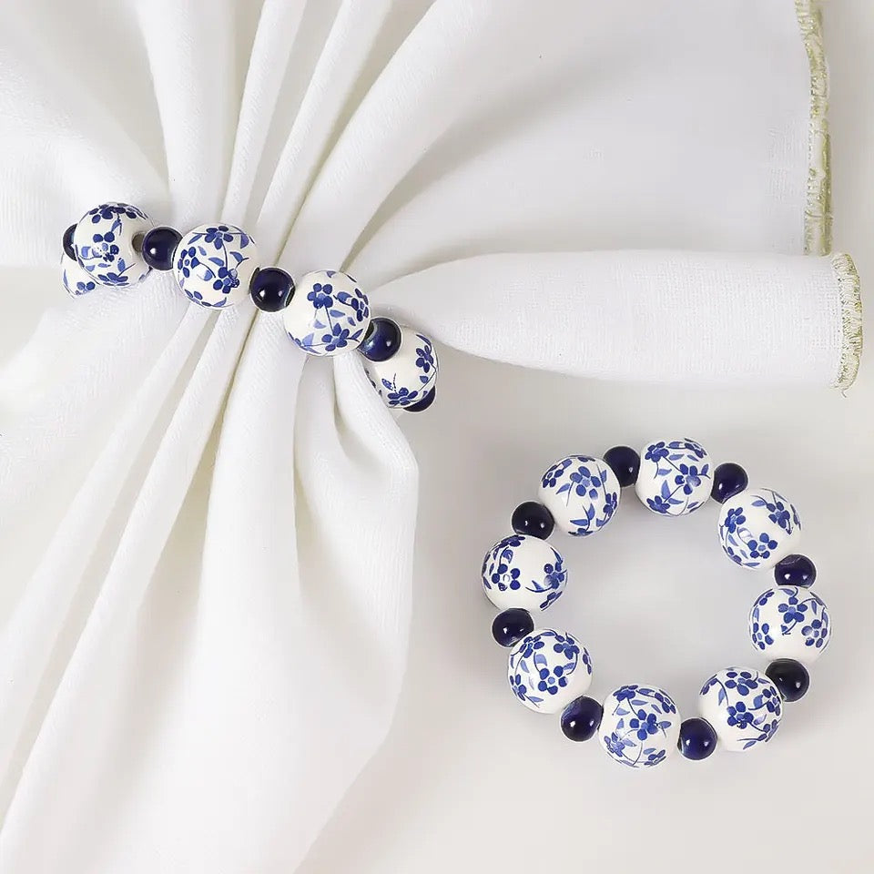 Set of 6 Blue And White Handpainted Napkin Rings