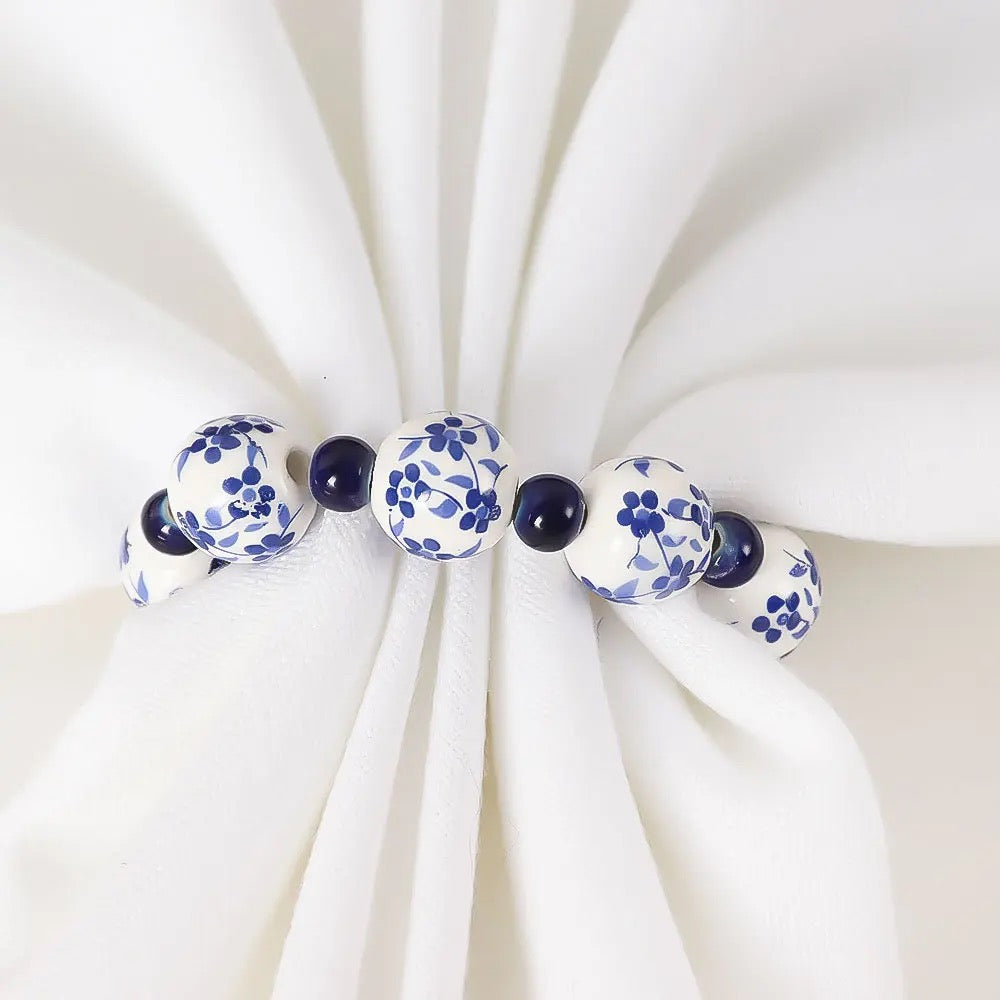 Set of 6 Blue And White Handpainted Napkin Rings