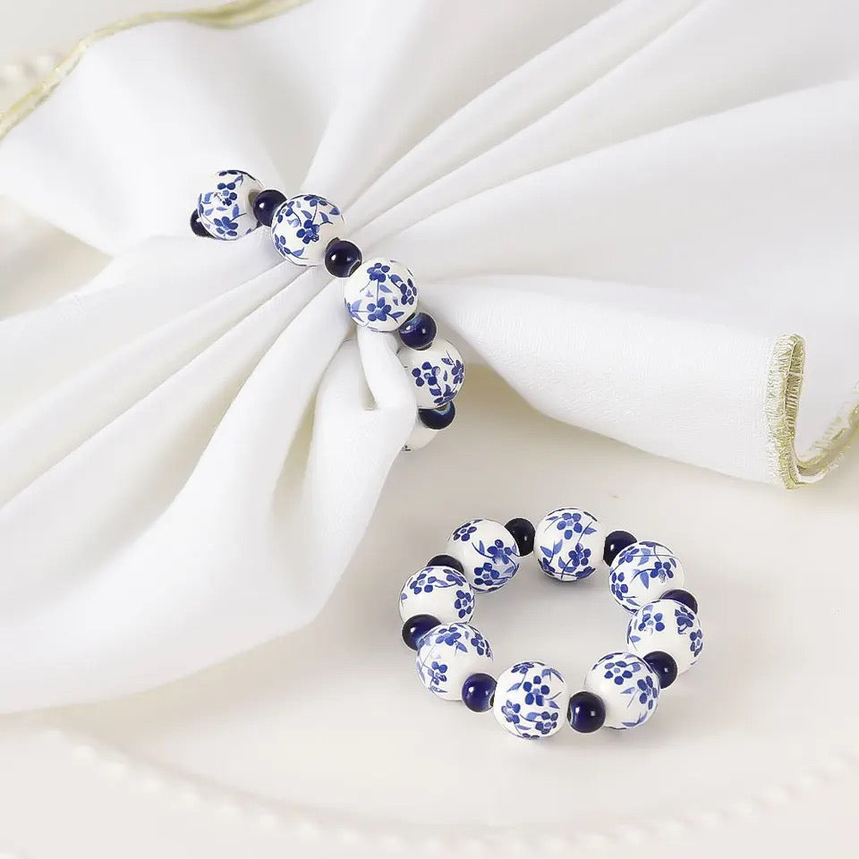 Set of 6 Blue And White Handpainted Napkin Rings